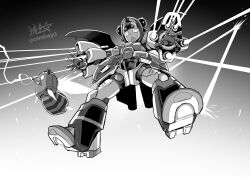  1girl commentary double_bun floating full_body greyscale hair_bun highres laser monochrome original robot robot_girl ryuusei_(mark_ii) signature solo twitter_username wings 