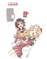  !? 2girls :d blonde_hair blush_stickers brown_eyes brown_hair brown_sailor_collar closed_eyes cropped_legs dress funami_yui hashtag-only_commentary head_bump highres layered_sleeves long_hair long_sleeves multiple_girls namori nanamori_school_uniform open_mouth pleated_dress red_dress sailor_collar school_uniform serafuku shirt short_hair short_over_long_sleeves short_sleeves simple_background smile toshinou_kyouko translation_request white_background white_shirt winter_uniform yuruyuri 