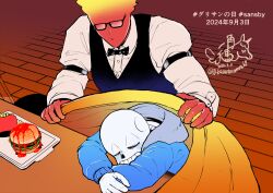  2024 2boys 2d artist_logo artist_name bartender black_bowtie black_pants black_vest blanket blue_jacket bowtie burger closed_eyes counter dated digital_media duo elemental_(creature) fire_elemental flaming_head floor food french_fries glasses grillby hood hood_down hooded_jacket humanoid ikkakutenma in-universe_location indoors jacket ketchup male male_focus male_only monster monster_boy multiple_boys no_mouth open_clothes open_jacket orange_skin pants restaurant sans_(undertale) shirt skeleton sleeping teeth tray twitter_username undead undertale uniform utdr_(toby_fox) vest white_shirt wooden_floor 