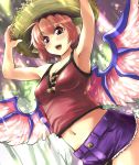  1girl alternate_costume animal_ears armpits arms_up blush breasts cleavage hat looking_at_viewer midriff mystia_lorelei navel nise_nanatsura red_eyes redhead short_hair shorts smile solo straw_hat touhou wings 