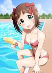  1girl amami_haruka blush breasts brown_hair cleavage green_eyes hair_ribbon idolmaster pool poolside popsicle ribbon short_hair sky solo sunsun69 swimsuit water 