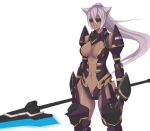  1girl animal_ears armor breasts cat_ears character_request dark_skin glowing glowing_weapon halberd highres kuma_x long_hair mecha_musume navel phantasy phantasy_star_online_2 polearm ponytail red_eyes robot_joints rough silver_hair solo sunglasses weapon 