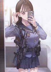  1girl absurdres adjusting_hair badge belt black_eyes black_hair blue_shirt blue_skirt breasts cellphone collarbone commentary_request covering_face earphones earphones flashbang flashlight grenade_pin gun gun_sling h&amp;k_mp7 highres holding holding_phone indoors koh_(minagi_kou) long_hair long_sleeves looking_at_phone magazine_(weapon) medium_breasts mirror mirror_selfie mole mole_under_eye optical_sight original phone phone_over_face pleated_skirt public_restroom reflection reflection_focus revision sailor_collar school_uniform selfie serafuku shirt signature sink skirt smartphone submachine_gun suppressor tactical_school_uniform tucking_hair watch weapon wristband 
