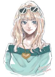  1girl aji_of_aji55 blonde_hair blue_eyes blunt_bangs character_name commentary_request eyeshadow eyewear_on_head heart_pendant highres long_hair macross macross_frontier makeup mascara sheryl_nome simple_background smile solo upper_body white_background 