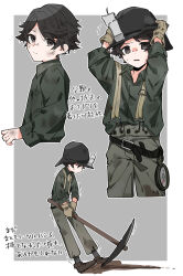  1boy absurdres aged_down black_eyes black_hair bridge_piercing candle face_piercing gloves green_pants green_shirt hands_on_headwear highres identity_v looking_at_viewer looking_down male_focus norton_campbell pants pickaxe piercing shirt suspenders sweat translation_request user_enke5758 yellow_gloves 