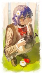  1girl absurdres backpack bag black_choker black_shoes blazer bow bowtie brown_jacket chainsaw_man choker commentary_request diagonal-striped_bow fence flower grass green_eyes grenade_pin grey_skirt hair_between_eyes hair_bun hair_flower hair_ornament highres holding holding_watering_can jacket lifejam_403 looking_at_viewer purple_hair red_bow red_bowtie red_flower reze_(chainsaw_man) school_uniform shadow shirt shoes skirt solo squatting striped_bow watering_can white_flower white_shirt wooden_fence 