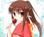  1girl brown_hair candy_apple japanese_clothes kimono kurose_yuuki licking little_busters!! long_hair natsume_rin ponytail red_eyes yukata 