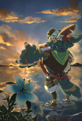  1boy accordion bandonion beak bird_boy blue_feathers blue_fur blue_sky body_fur closed_mouth clouds concertina feather_fingers feather_hair_ornament feathers floating_atsumi flower furry furry_male hair_ornament hand_wings highres holding holding_instrument instrument kass male_focus ocean open_mouth outdoors parrot_boy reflection reflective_water ripples rito silent_princess sky the_legend_of_zelda the_legend_of_zelda:_breath_of_the_wild water wings 