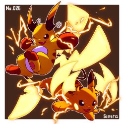  blue_eyes brown_eyes electricity fang fangs highres mega_pokemon mega_raichu_x mega_raichu_y multiple_tails no_humans one_eye_closed open_mouth orange_fur pokemon pokemon_(creature) pokemon_focus pokemon_legends:_z-a raichu siestingtime smile tail very_long_ears very_long_tail yellow_fur 