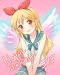  1girl aikatsu! between_legs birthday blonde_hair blouse blush bow dated english glowing glowing_wings hair_bow hair_ornament hand_between_legs head_tilt hoshimiya_ichigo long_hair looking_at_viewer mitsuki_meiya open_mouth pink_background red_eyes smile solo teeth wings 