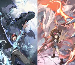  1boy 1girl absurdres backwards_hat baseball_cap black_vest blue_jacket blue_sclera claws colored_sclera cutoffs denim denim_shorts dragon electricity exposed_pocket hat high_ponytail highres hilbert_(pokemon) hilda_(pokemon) jacket lay92378283 open_clothes open_vest poke_ball_print pokemon pokemon_(creature) pokemon_bw ponytail red_sclera reshiram shorts vest white_fur wristband zekrom zipper_pull_tab 