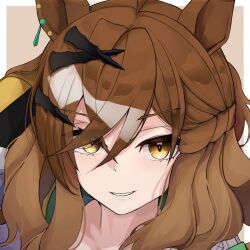  1girl ahoge animal_ears blush crossed_bangs grin hair_between_eyes hair_ornament hairclip highres horse_ears horse_girl jacket jungle_pocket_(champion's_battle_cry)_(umamusume) jungle_pocket_(umamusume) looking_at_viewer notched_ear ponytail portrait short_hair short_ponytail simple_background smile solo ukinon umamusume v-shaped_eyebrows yellow_jacket 