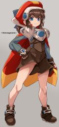  1girl ankle_boots blue_bow blue_eyes blue_shirt boots bow brown_boots brown_gloves brown_hair brown_overalls cape closed_mouth commentary_request copyright_name fingerless_gloves full_body gloves grey_background hair_bow highres hood hood_up hooded_cape karukan_(monjya) long_sleeves looking_at_viewer marguerite_fatima medium_hair overall_shorts overalls red_cape shirt smile solo standing two-tone_cape xenogears yellow_cape 