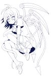  1girl antenna_hair arm_ribbon asymmetrical_wings blush bow eichi_yuu highres houjuu_nue lineart mary_janes monochrome pointy_ears shoes short_hair short_sleeves snake solo thighhighs touhou transparent_background wings 