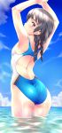  1girl arms_up ass black_hair braid highres looking_at_viewer looking_back nagayori one-piece_swimsuit original short_hair sky solo swimsuit twin_braids water 
