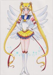  absurdres bishoujo_senshi_sailor_moon bishoujo_senshi_sailor_moon_stars blonde_hair blue_eyes blue_sailor_collar blue_skirt boots brooch chikoto_(kztc4472) choker collarbone crescent crescent_earrings crescent_facial_mark double_bun earrings elbow_gloves eternal_sailor_moon facial_mark forehead_mark full_body gloves hair_bun hair_ornament heart heart_brooch highres jewelry knee_boots layered_skirt long_hair magical_girl pink_sleeves puffy_short_sleeves puffy_sleeves red_choker red_skirt sailor_collar sailor_moon sailor_senshi sailor_senshi_uniform short_sleeves skirt star_(symbol) star_earrings traditional_media tsukino_usagi twintails white_boots white_gloves wing_brooch wings yellow_skirt 