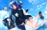  2girls blue_hair fingerless_gloves gloves headgear hug jumping kantai_collection kgr machinery multiple_girls ocean open_mouth orange_eyes personification purple_hair short_hair sky surprised surprised_arms tatsuta_(kantai_collection) tenryuu_(kantai_collection) thighhighs water 