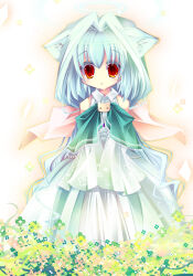  1girl 2000s_(style) animal_ears blue_dress blue_hair blush cat_ears cat_girl closed_mouth clothing_cutout commentary_request dress expressionless flower full_body green_flower green_sleeves hair_intakes long_sleeves looking_at_viewer medium_hair orange_eyes original shii_(ceray) shoulder_cutout sleeves_past_fingers sleeves_past_wrists solo yellow_background 