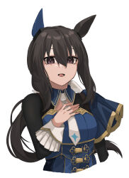  1girl absurdres admire_vega_(starry_nocturne)_(umamusume) admire_vega_(umamusume) animal_ears blue_dress breasts brown_eyes brown_hair cropped_torso dress floating_hair hair_between_eyes hair_ribbon hand_up highres horse_ears kogeta_kaori long_hair long_sleeves low_ponytail necktie ponytail ribbon simple_background small_breasts solo umamusume upper_body very_long_hair white_background white_necktie white_ribbon 