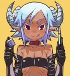 1girl bare_shoulders black_gloves blue_hair bust character_request collar collarbone dark_skin elbow_gloves eraser eyebrows flat_chest gloves horns leather_gloves licking_lips matsuda_yuusuke original pointy_ears red_eyes ribs shiny shiny_skin short_hair solo tan tubetop yellow_background yuusha_to_maou 