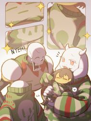 1girl 1other 2022 2boys 2d =_= ^o^ ambiguous_gender animal_ears ankle_boots anthro armor blue_shirt boots brothers brown_boots brown_hair cape carrying carrying_person character_print child child_carry christmas christmas_sweater closed_eyes covered_face digital_media droopy_ears duplicate fangs female floppy_ears forut_dondon frisk_(undertale) furry furry_female gloves goat goat_ears goat_girl goat_horns gradient_background green_sweater grey_background heart height_difference highres horizontal-striped_clothes horns human humanoid long_sleeves male mammal monster monster_boy monster_girl multiple_boys no_mouth notice_lines open_mouth oversized_clothes papyrus_(undertale) pink_stripes red_cape red_eyes red_gloves sans_(undertale) short_hair siblings simple_background skeleton sleeves_past_fingers sleeves_past_wrists sparkle spoken_heart striped_clothes striped_sweater sweater teeth text toriel two-tone_background undead undersized_clothes undertale utdr_(toby_fox) white_armor white_background white_fur white_horns