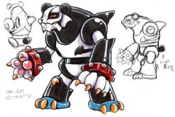  arrow_(symbol) bracelet character_name claws closed_mouth colored_sclera commentary fang from_behind full_body humanoid_robot jewelry kokomahi monster multiple_views official_art panda pawpads red_eyes reference_sheet robot samurai_evolution_oukoku_geist simple_background standing tsukikage_(oukoku_geist) white_background yellow_sclera 