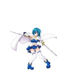  1girl absurdres alest_lusia armpits blue_eyes blue_hair boots cape dual_wielding highres magical_girl mahou_shoujo_madoka_magica miki_sayaka open_mouth short_hair soul_gem sword thighhighs torn_clothes weapon white_background white_legwear 