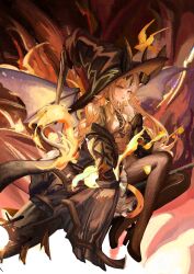  1girl absurdres arknights arm_support black_coat black_hat black_horns black_necktie black_shoes blonde_hair braid broom broom_riding brown_pantyhose buttons coat coat_partially_removed collared_shirt commentary diagonal-striped_clothes diagonal-striped_necktie double-breasted dragon_girl dragon_horns dragon_tail dragon_wings earrings english_commentary finger_to_face fire flame-tipped_tail full_body hat high_heels highres horns horns_through_headwear jewelry knees_up large_hat long_hair long_sidelocks long_sleeves looking_at_viewer necktie official_alternate_costume pantyhose parted_lips pink_eyes reed_(arknights) reed_the_flame_shadow_(arknights) reed_the_flame_shadow_(curator)_(arknights) saayartworks shirt shoes sidelocks smile staff star_(symbol) star_earrings striped_clothes tail white_shirt wings witch witch_hat 