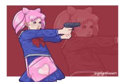  absurdres bishoujo_senshi_sailor_moon bishoujo_senshi_sailor_moon_r blue_sailor_collar blue_skirt chibi_usa cone_hair_bun double_bun facial_mark gloves golgothasart gun hair_bun highres holding holding_gun holding_weapon juuban_elementary_school_uniform pink_bag pink_hair red_eyes sailor_collar sailor_senshi_uniform school_uniform serafuku short_hair skirt twintails weapon 