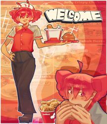  ahoge antennae baseball_cap black_pants blush burger chicken_(food) drill_hair eating employee_uniform english_text fast_food_uniform food fried_chicken full_body hat highres jollibee kasane_teto mangoo099 pants red_eyes red_hair short_hair short_sleeves sparkle utau 