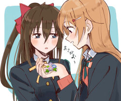  2girls black_jacket blue_eyes blush bow brown_hair collared_shirt commentary flower hair_between_eyes hair_bow hair_ornament hairclip highres jacket konoe_kanata long_hair long_sleeves love_live! love_live!_nijigasaki_high_school_idol_club morning_glory multiple_girls neck_ribbon nijigasaki_school_uniform open_mouth osaka_shizuku ponytail red_bow ribbon school_uniform shirt sidelocks skt_(ryxxxxx) upper_body violet_eyes winter_uniform 