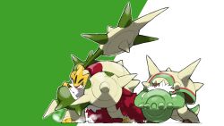 2others black_eyes blacknirrow bright_pupils chesnaught commentary fangs highres holding holding_weapon mega_chesnaught mega_pokemon open_mouth outline pokemon pokemon_(creature) pokemon_(game) pokemon_focus pokemon_legends:_z-a pokemon_xy simple_background spikes two-tone_background weapon white_outline white_pupils