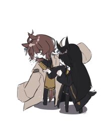  2girls agnes_tachyon_(tach-nology)_(umamusume) agnes_tachyon_(umamusume) ahoge animal_ears black_hair black_jacket black_pantyhose black_shirt black_skirt brown_hair collared_shirt grey_hair horse_ears horse_girl horse_tail jacket kogeta_kaori lab_coat long_hair long_sleeves manhattan_cafe_(creeping_black)_(umamusume) manhattan_cafe_(umamusume) multicolored_hair multiple_girls no_shoes open_clothes open_jacket pantyhose pleated_skirt puckered_lips shadow shirt simple_background skirt slapping sleeves_past_fingers sleeves_past_wrists spitting standing sweater_vest tail two-tone_hair umamusume very_long_hair white_background 