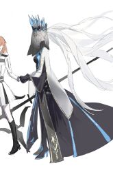  2girls absurdres aoku_mire black_dress black_gloves blue_eyes braid crown dress fate/grand_order fate_(series) fujimaru_ritsuka_(female) gloves hair_between_eyes half_up_braid highres holding holding_polearm holding_weapon long_hair morgan_le_fay_(fate) morgan_le_fay_(queen_of_winter)_(fate) multicolored_hair multiple_girls orange_hair polearm ponytail short_hair two-tone_hair veil very_long_hair weapon white_background white_hair 