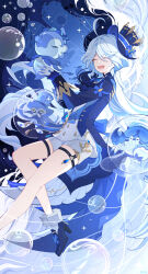  1girl absurdres ahoge blue_bow blue_hat blue_jacket bow bubble closed_eyes commentary_request footwear_bow furina_(genshin_impact) genshin_impact gentilhomme_usher gloves hat high_heels highres holding jacket long_hair long_sleeves mademoiselle_crabaletta open_mouth ouji_fashion shorts skindentation smile surintendante_chevalmarin teeth thigh_strap tiandingfengren top_hat upper_teeth_only white_gloves white_hair white_shorts 