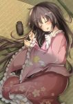  1girl black_hair blush closed_eyes floral_print game_console highres houraisan_kaguya long_hair long_skirt long_sleeves lying on_side open_mouth shirt skirt sleeping solo tam-out_(datam) tatami touhou very_long_hair wide_sleeves 