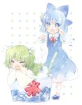  2girls blue_eyes blue_hair blush cirno fang green_hair hair_bobbles hair_ornament hair_ribbon highres ice ice_wings kisume multiple_girls ribbon shaved_ice shipu_(toppintetratorten) short_hair tears touhou twintails wings 