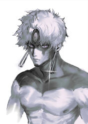  1boy absurdres closed_mouth collarbone dandadan earrings enjoji_jin evil_eye_(dandadan) glint hashtag-only_commentary highres jewelry lips looking_at_viewer male_focus openakin pectorals possessed short_hair solo third_eye toned toned_male topless_male upper_body white_background 