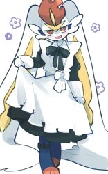  1girl :d animal_ears animal_hands apron black_bow black_bowtie black_dress blue_fur bow bowtie bright_pupils cinderace clothed_pokemon dress full_body furry furry_female highres juliet_sleeves long_sleeves looking_at_viewer maid_apron multicolored_fur open_mouth pokemon pokemon_(creature) puffy_sleeves rabbit_ears red_eyes red_fur simple_background smile solo sstoh standing white_apron white_background white_fur white_pupils 
