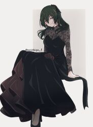  1girl artist_name black_dress black_shoes dress full_body green_hair hair_between_eyes hair_ornament high_heels highres lace lace_sleeves long_hair looking_at_viewer noichigo_f shoes simple_background sitting solo sousou_no_frieren ubel_(sousou_no_frieren) violet_eyes 