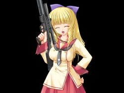  1girl 2000s_(style) :d ^_^ black_background blonde_hair blunt_bangs bow breasts closed_eyes collarbone cowboy_shot drill_hair drill_sidelocks game_cg grey_neckerchief gun h&amp;k_psg1 hair_bow hand_on_own_hip holding holding_gun holding_weapon honoo_no_haramase_tenkousei huge_breasts long_hair long_sleeves looking_at_viewer miyasu_risa neckerchief open_mouth purple_bow red_sailor_collar rifle ryuugasaki_reika sailor_collar sailor_shirt school_uniform scope serafuku shirt sidelocks simple_background skirt smile sniper_rifle solo standing tachi-e tsurime twin_drills variant_set very_long_hair weapon yellow_serafuku 