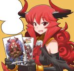  1girl bare_shoulders bracelet breasts curly_hair demon_girl demon_tail elbow_gloves fang fourth_wall gloves horns jewelry long_hair manga_(object) maou_beluzel matsuda_yuusuke original presenting red_eyes redhead simple_background smile solo speech_bubble tail yuusha_to_maou 
