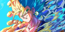  1boy blonde_hair blue_background blue_hair blue_shirt dragon_ball dragon_ball_super dragon_ball_z earrings glint green_eyes highres jewelry male_focus medium_hair multicolored_hair muscular muscular_male orange_shirt potara_earrings ryo_lovevegito shirt smirk solo spiky_hair super_saiyan super_saiyan_1 super_saiyan_blue twitter_username two-tone_hair upper_body vegetto 