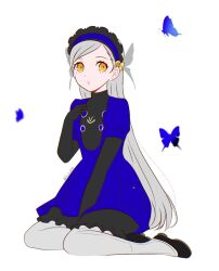 1girl between_legs black_dress black_shoes blue_butterfly blue_dress blue_hairband bug butterfly commentary dress frilled_hairband frills full_body fwt_p00 grey_hair hair_ornament hairband hand_between_legs hand_on_own_chest highres lavenza_(persona_5) long_hair looking_at_viewer pantyhose parted_lips persona persona_5 shoes simple_background sitting solo symbol-only_commentary twitter_username two-tone_dress very_long_hair white_background white_pantyhose wing_hair_ornament yellow_eyes yokozuwari 