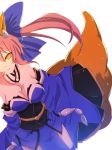  1girl animal_ears bare_shoulders bow breasts caster_(fate/extra) cleavage detached_sleeves fate/extra fate_(series) fox_ears fox_tail hair_bow hair_ribbon highres japanese_clothes kommode large_breasts pink_hair ribbon solo tail twintails yellow_eyes 