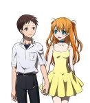  1boy 1girl blue_eyes blush choker dress holding_hands ikari_shinji nanji3 neon_genesis_evangelion orange_hair smile souryuu_asuka_langley sundress 