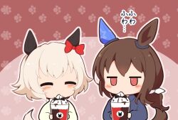  2girls admire_vega_(umamusume) animal_ears blue_shirt blush brown_hair chibi chibi_only closed_eyes collared_shirt commentary_request curren_chan_(umamusume) food gomashio_(goma_feet) hair_ribbon holding holding_food horse_ears horse_girl horse_tail ice_cream jitome long_hair long_sleeves multiple_girls no_mouth outline paw_print paw_print_background red_background red_eyes ribbon shirt short_hair tail translation_request umamusume upper_body white_hair white_outline white_ribbon white_shirt 