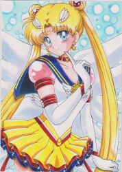  absurdres bishoujo_senshi_sailor_moon bishoujo_senshi_sailor_moon_stars blonde_hair blue_eyes blue_sailor_collar blue_skirt brooch chikoto_(kztc4472) choker collarbone crescent crescent_earrings crescent_facial_mark double_bun earrings elbow_gloves eternal_sailor_moon facial_mark forehead_mark gloves hair_bun hair_ornament heart heart_brooch highres jewelry layered_skirt long_hair looking_at_viewer magical_girl pink_sleeves pointing pointing_at_self puffy_short_sleeves puffy_sleeves red_choker red_skirt sailor_collar sailor_moon sailor_senshi sailor_senshi_uniform short_sleeves skirt smile star_(symbol) star_earrings traditional_media tsukino_usagi twintails upper_body white_gloves wing_brooch wings yellow_skirt 