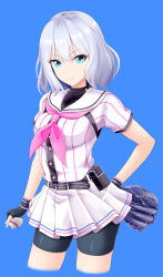  1girl ball baseball baseball_(object) baseball_mitt baseball_uniform belt bike_shorts black_shorts blue_background blue_eyes breasts buttons cinderella_series closed_mouth cowboy_shot eva_16-gouki fingerless_gloves gloves grey_hair hachigatsu_no_cinderella_nine hand_on_own_hip highres holding kusakari_runa medium_hair neckerchief no_dickey pink_neckerchief satogahama_baseball_uniform shirt_under_shirt short_sleeves shorts simple_background skirt smile solo sportswear standing striped_belt striped_clothes thighs vertical-striped_clothes 