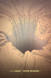  brown_theme drop_shadow english_text fabric from_above glowing hatching_(texture) haze highres hole jessica_hayworth lake monochrome no_humans orange_theme original outdoors scenery shadow surreal text_focus vignetting water 